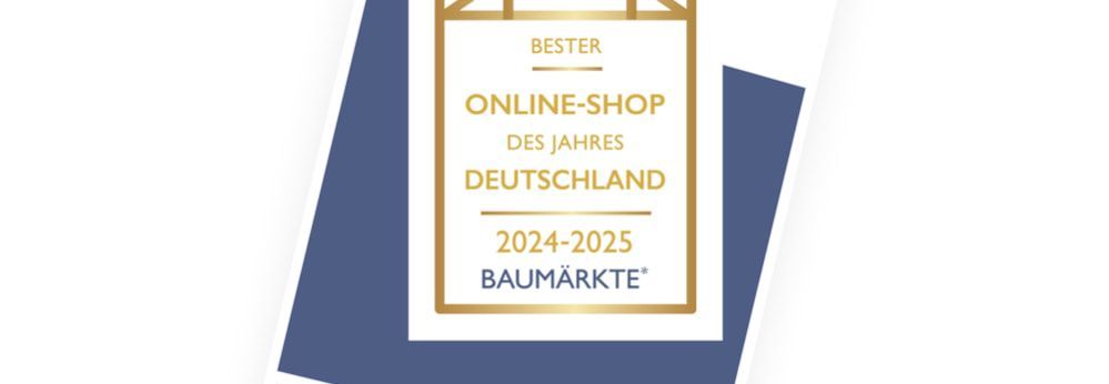 Ein goldenes Logo mit der Aufschrift "Bester Online-Shop des Jahres Deutschland 2024-2025 Baumärkte"